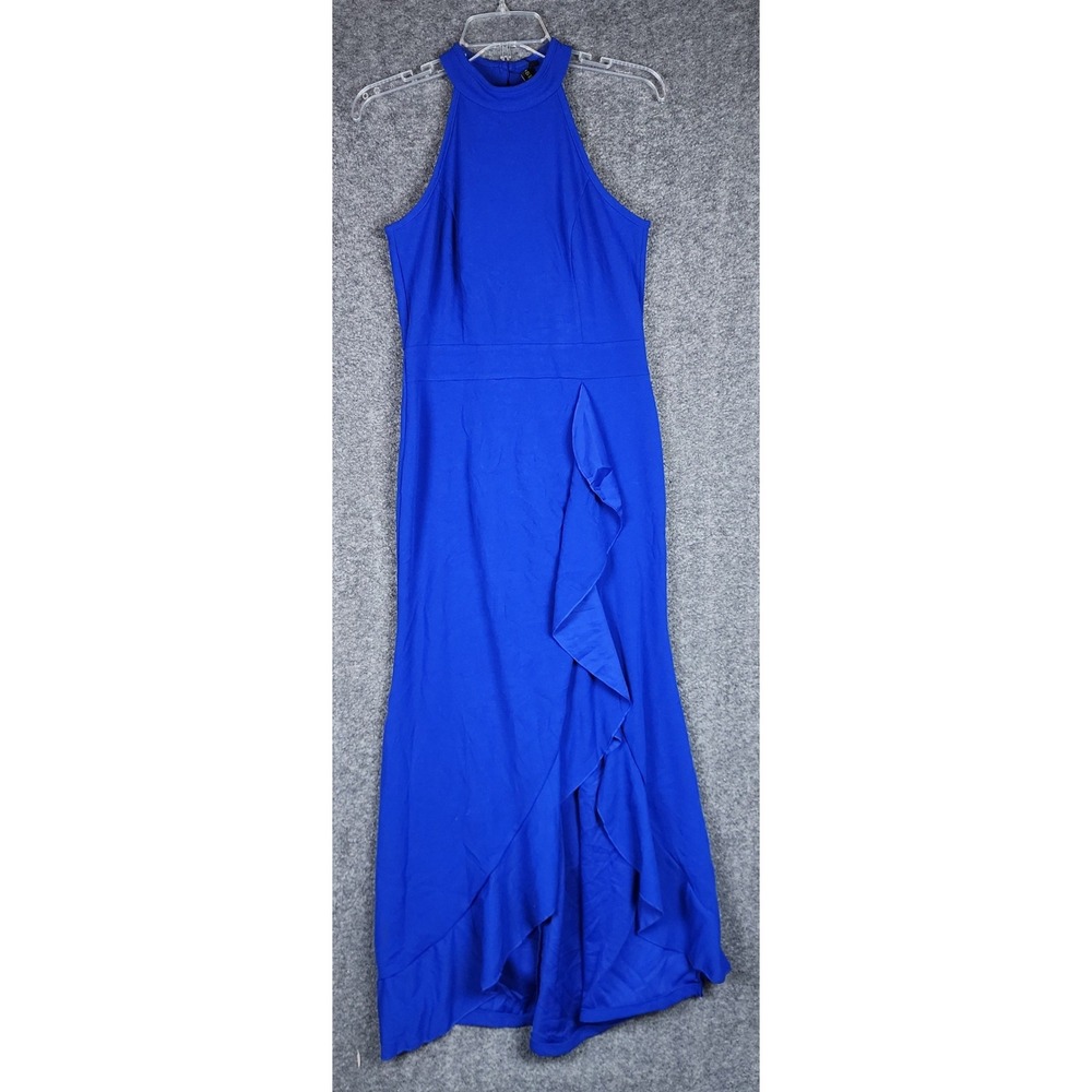 Woosea Maxi Dress Womens S High Neck Ruffle Front Slit Royal Blue Sleeveless NEW